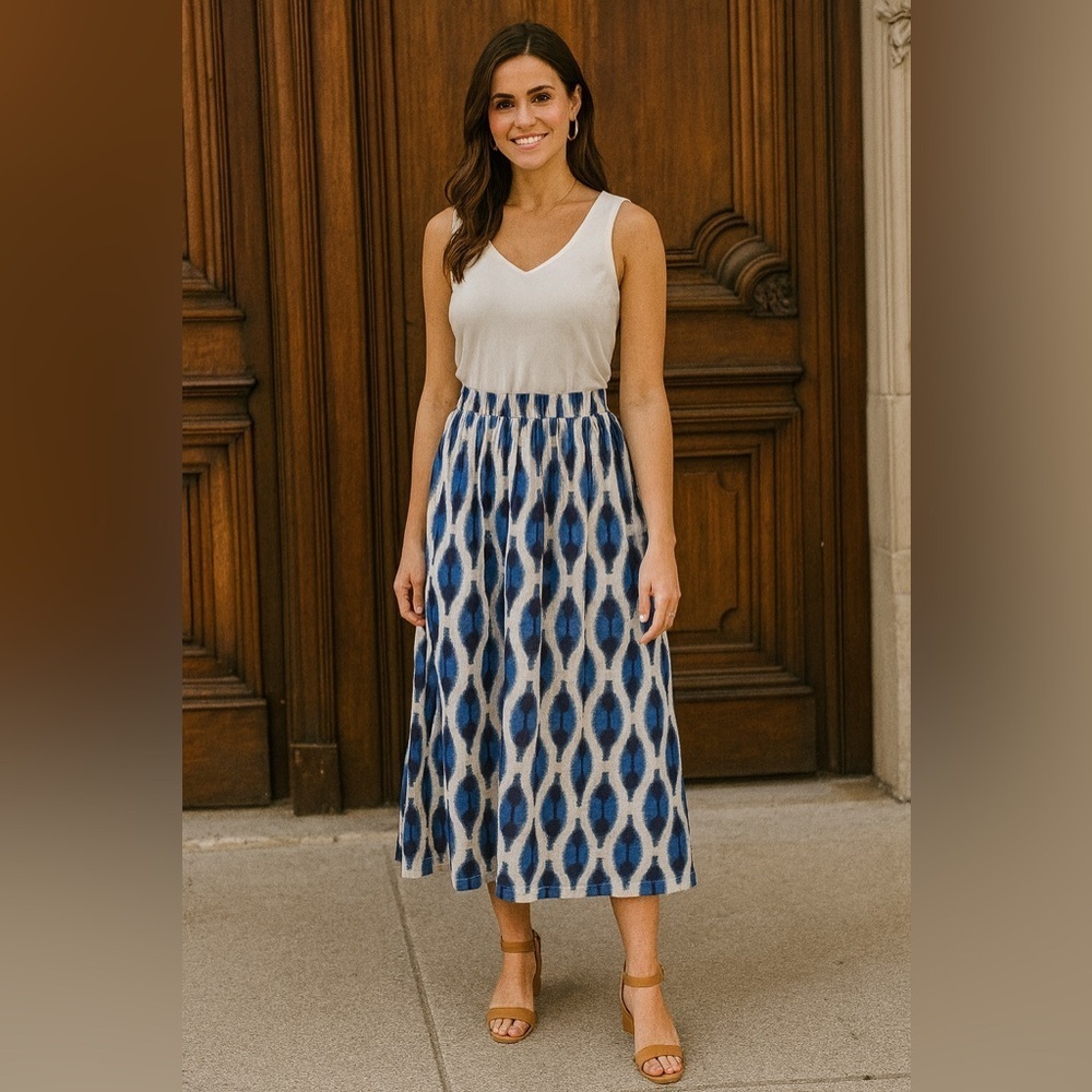 V. De. Vinster Ikat Maxi Skirt Indian Cotton Khadi Blue White Ikat Size XS